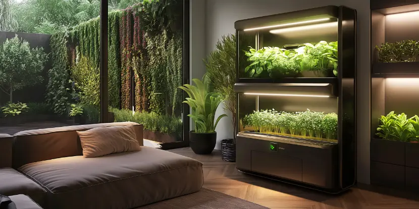 An indoor garden using hydroponics and grow lamps