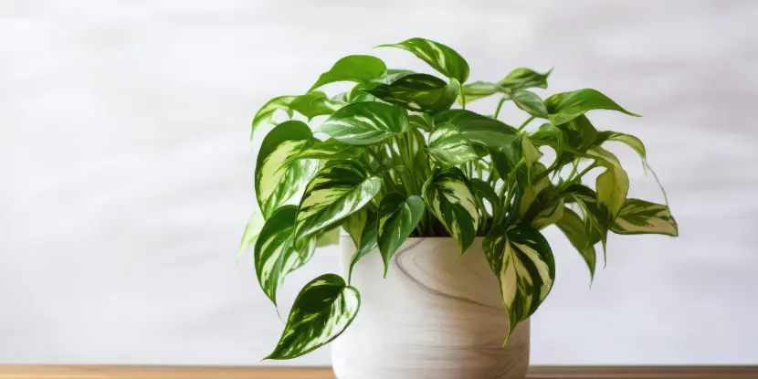 A container-grown pothos plant pruned to a compact shape