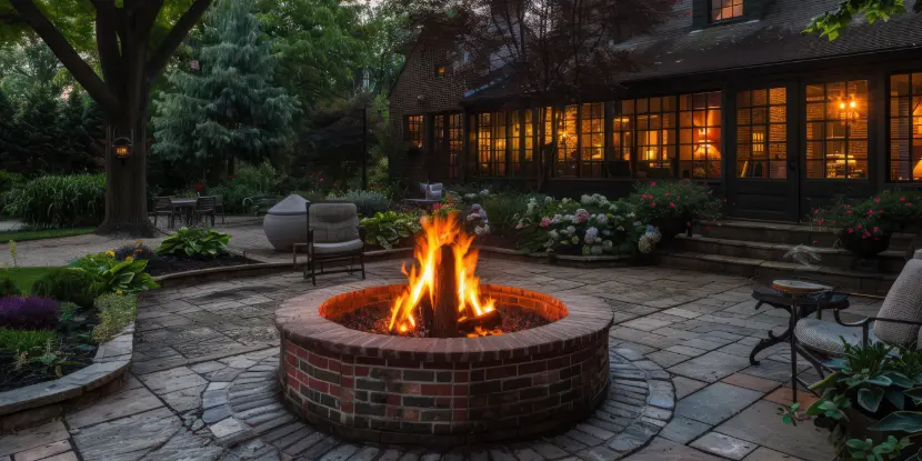 A brick fire pit creates an inviting atmosphere