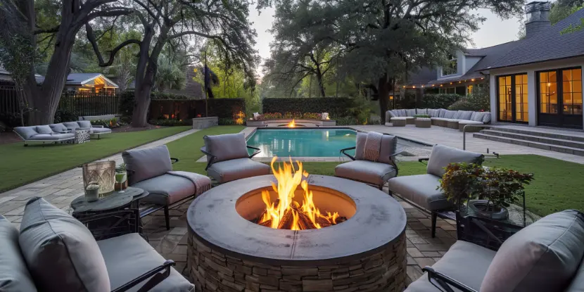 A fire pit finished with natural stone