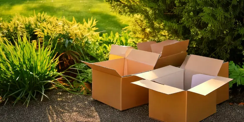 Cardboard boxes in a garden