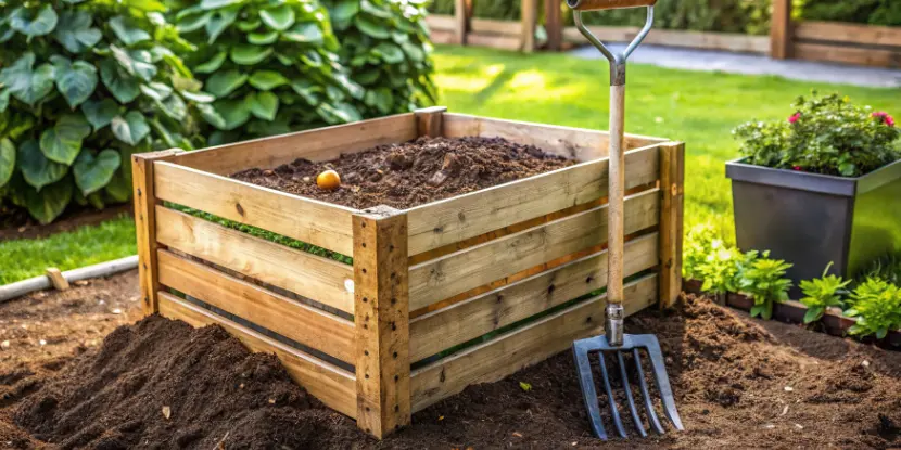 A garden fork leaning against a compost box