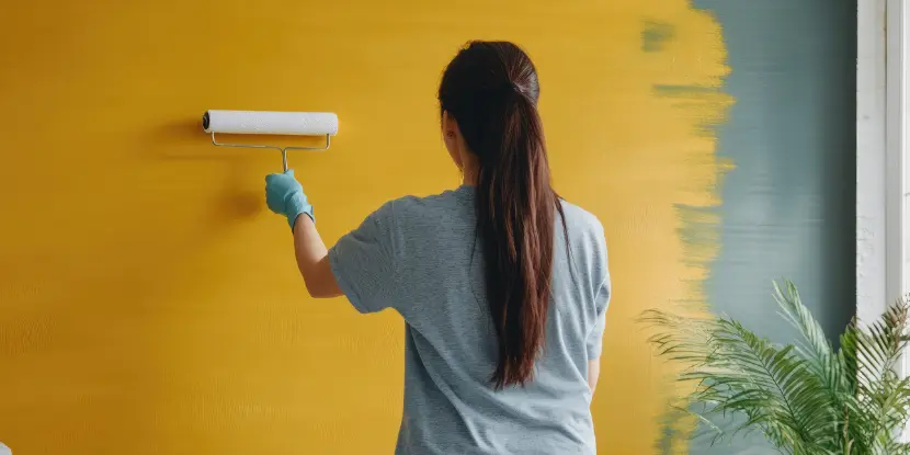 A woman painting a wall yellow