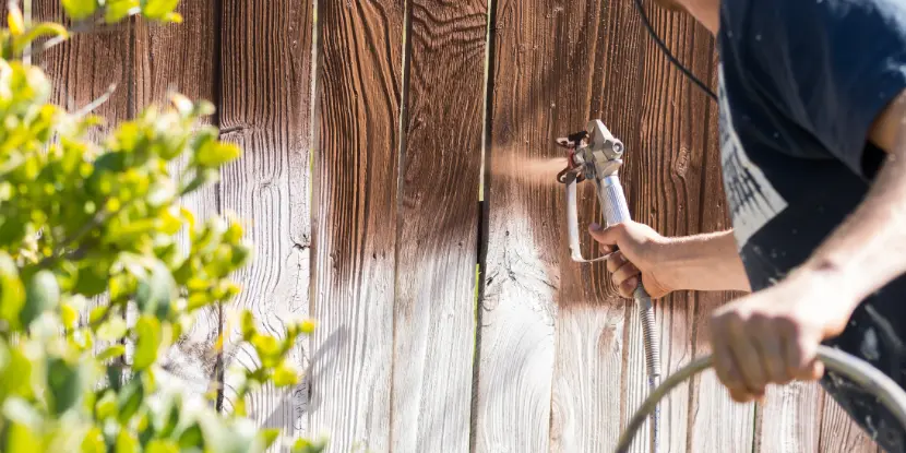 A man spray staining a fence