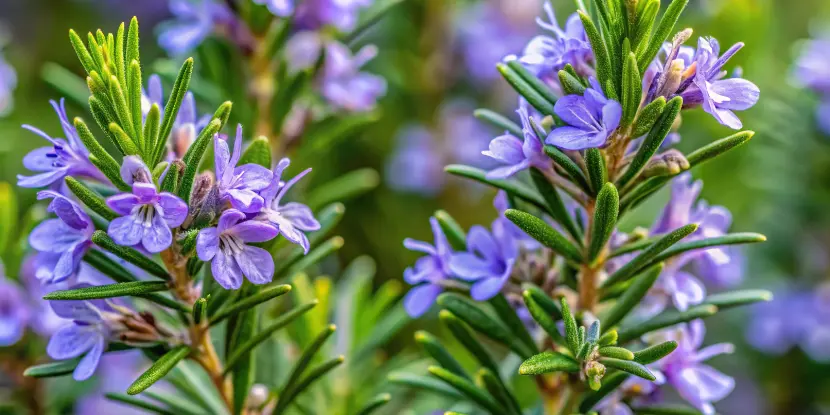 Purple blooms on a rosemary plant