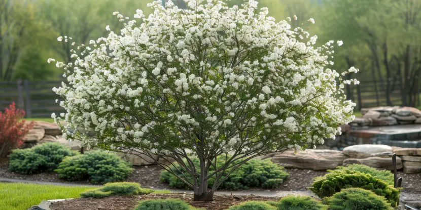 A blooming serviceberry tree in springtime