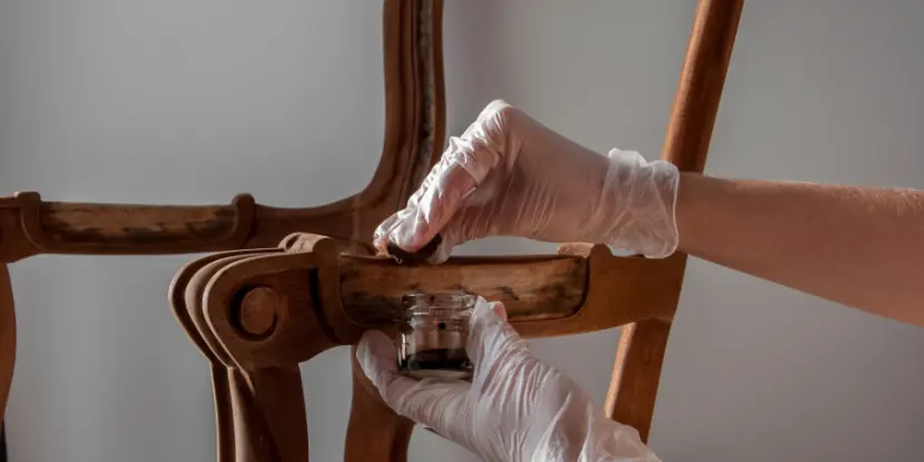 A woman staining a chair