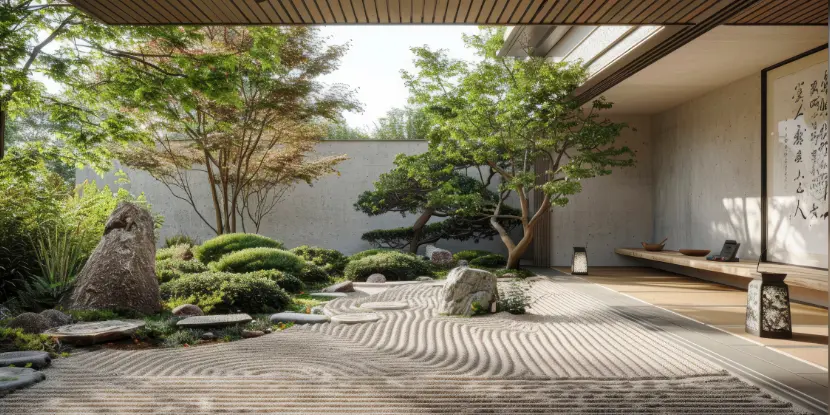 A small Zen garden in a backyard area