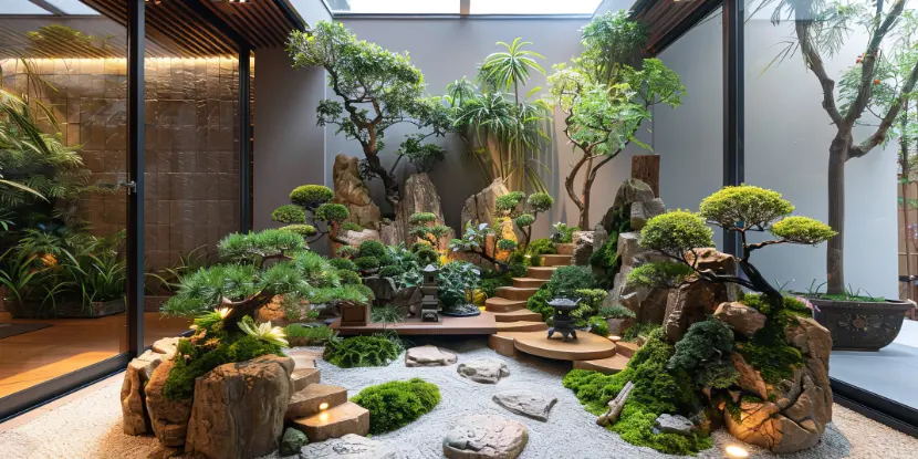 An indoor Zen garden with plants incorporated into the design