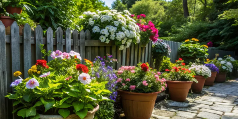 Potted flowers in a garden