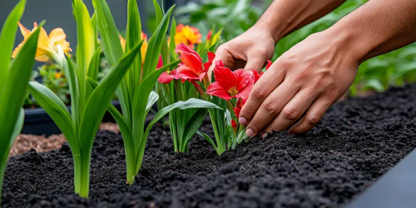 A gardener transplanting young gladiolus plants