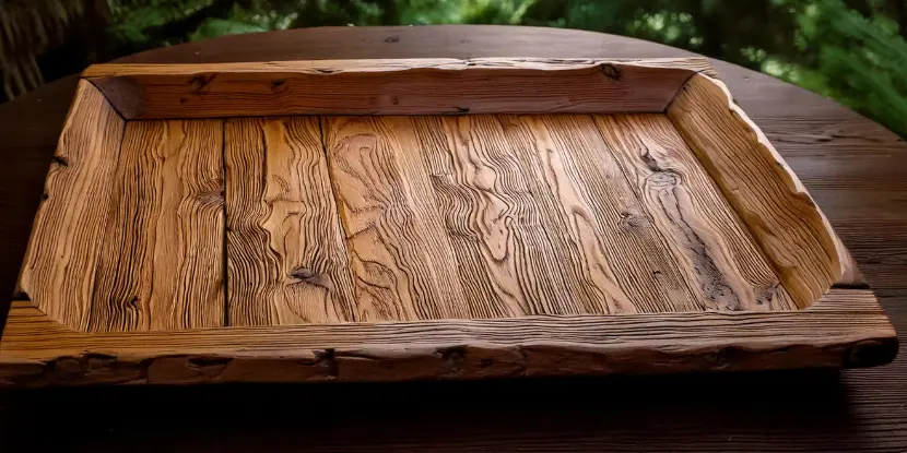 A serving tray made from reclaimed wood