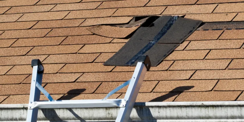 An asphalt roof with damaged tiles