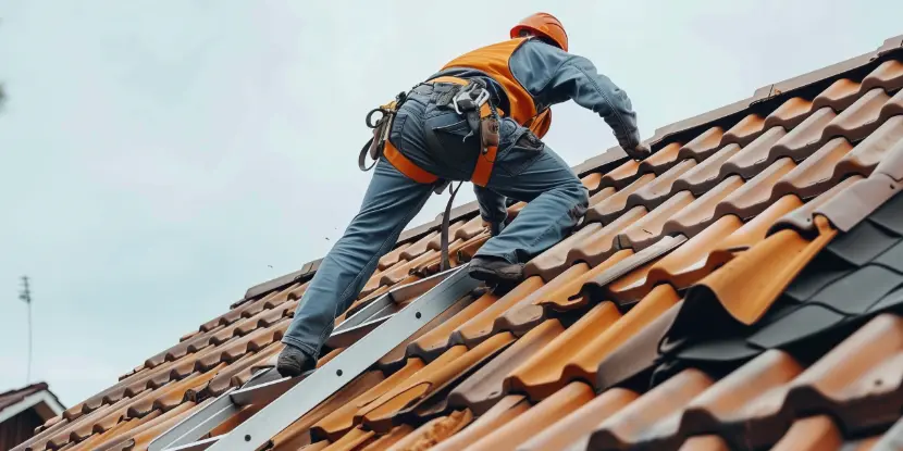 A roofer on a steep tile roof