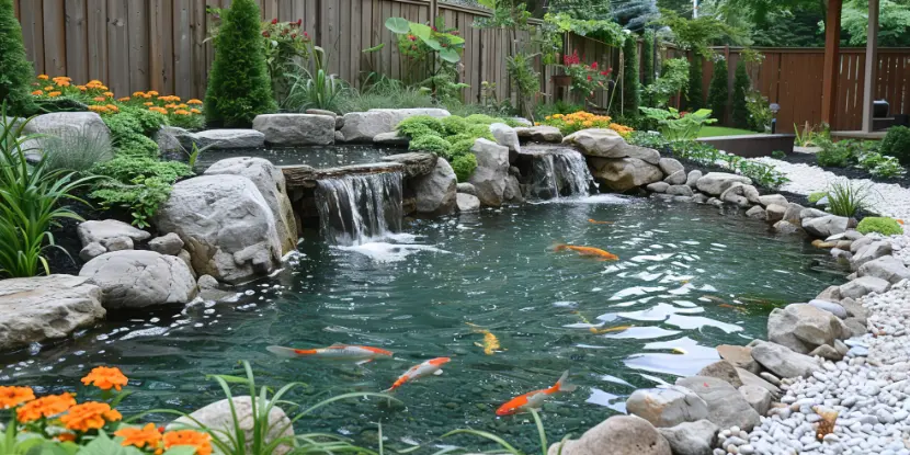 A large natural fish pond with waterfall