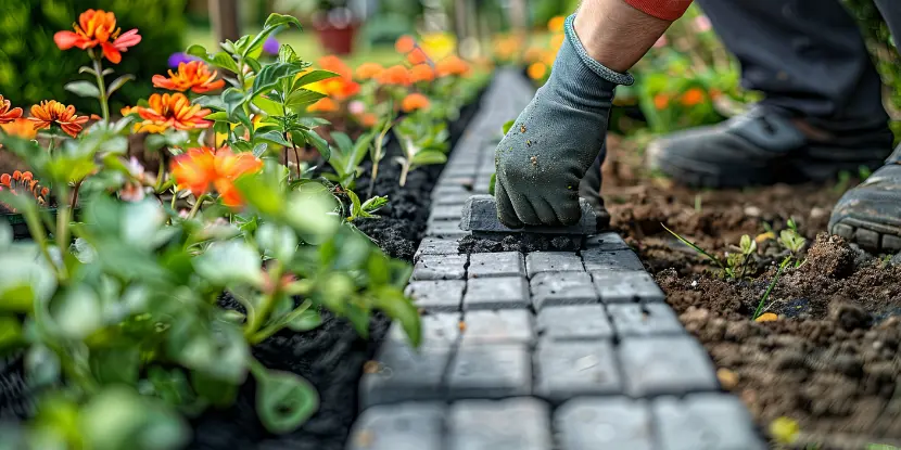 A gardener lays a paver block border