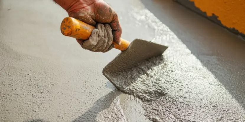 A worker spreading concrete