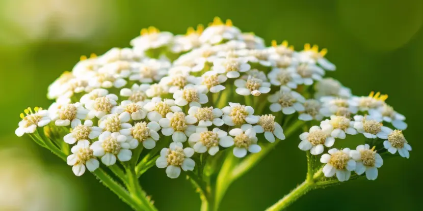 A closeup of white yarrow flowers