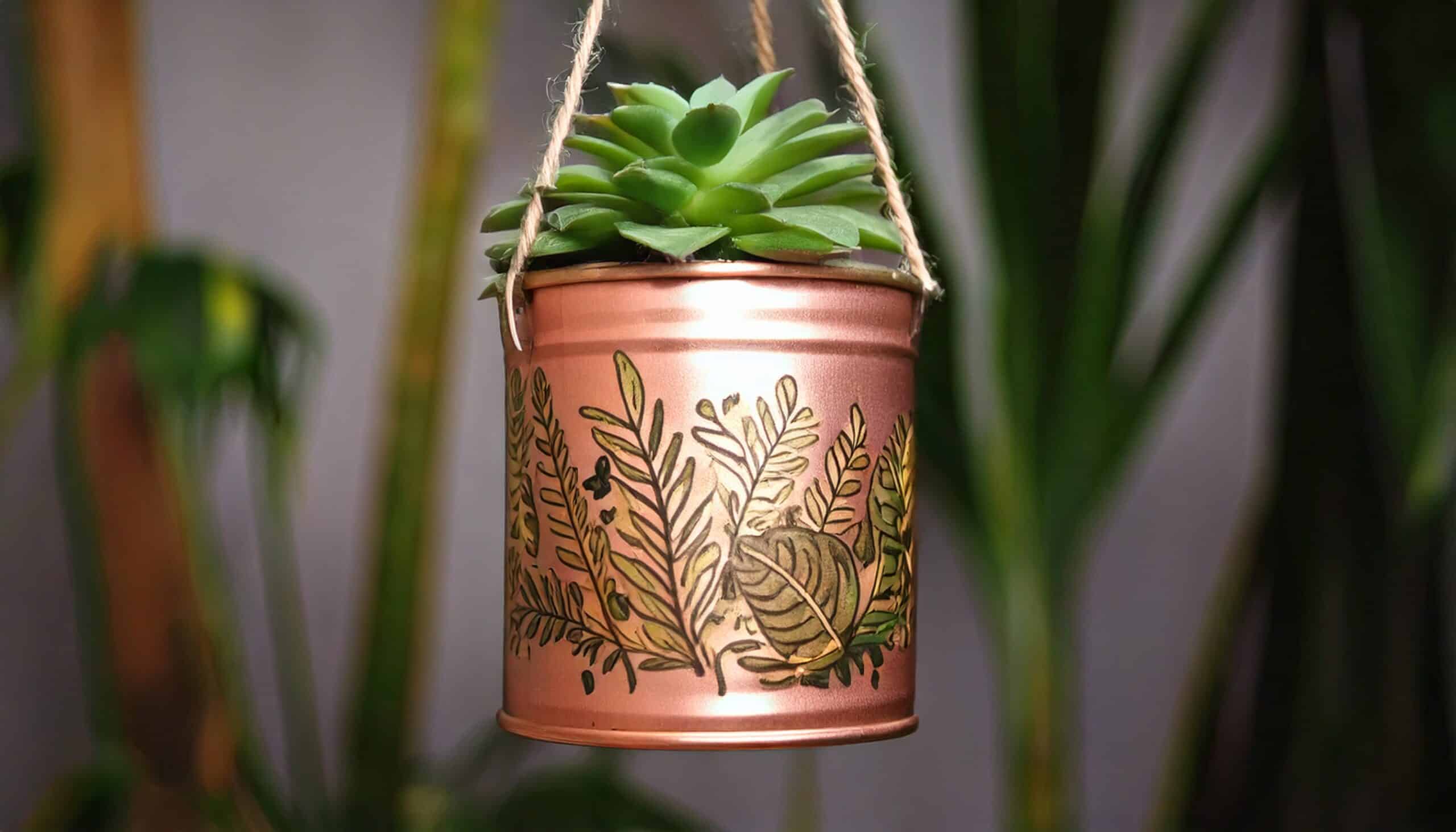 A painted DIY planter made from a coffee can