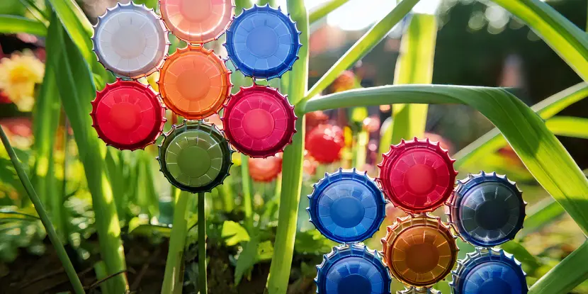 Flowers made from painted bottle caps