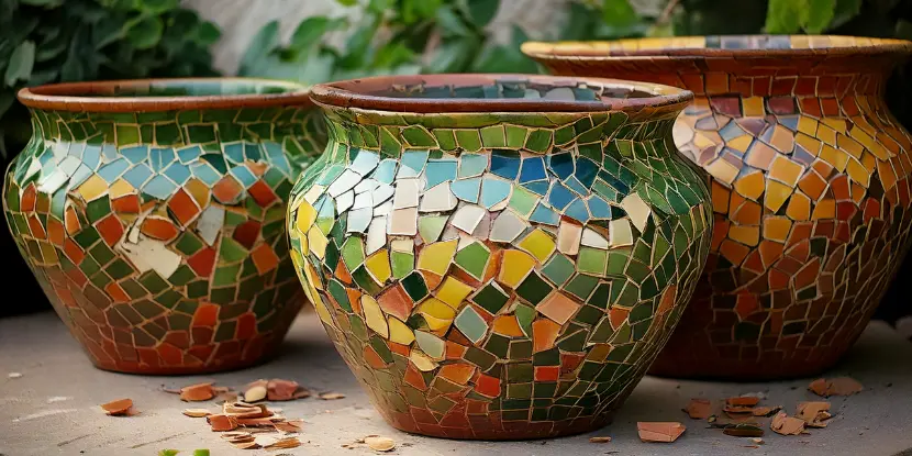 Clay pots decorated with tile mosaic