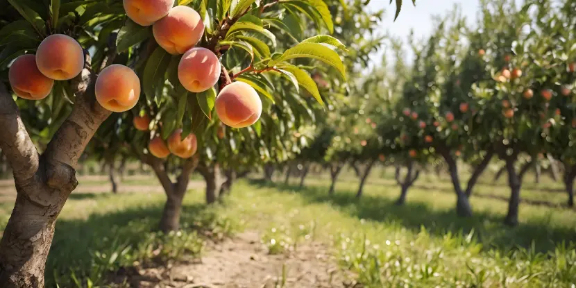 Peaches ripening in an orchard