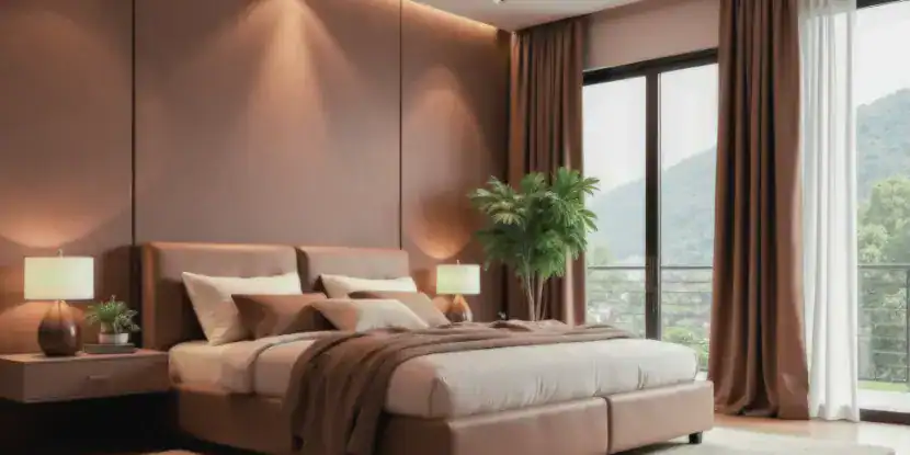A bedroom with earth-tone walls
