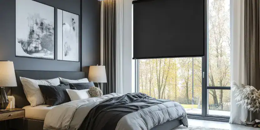 A bedroom with gray paint