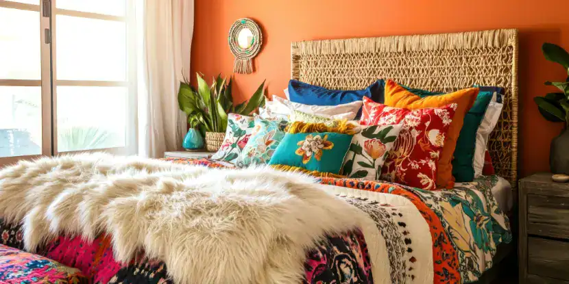 A bedroom with coral paint