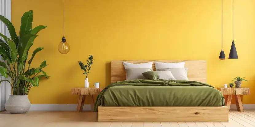 A bedroom with yellow walls