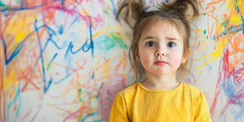 A little girl stands in front of scribbles on the wall
