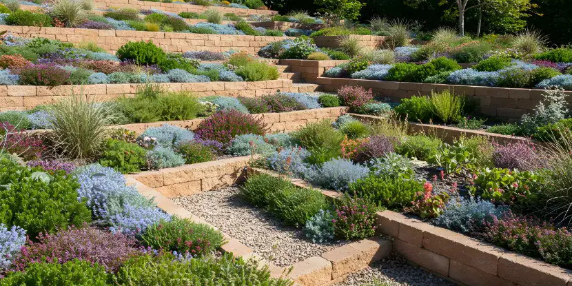 A yard with tiered ground cover plants