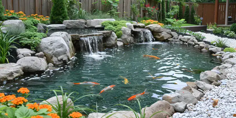A pond with waterfalls and koi