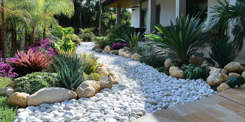 A backyard with rocks and drought-tolerant landscaping