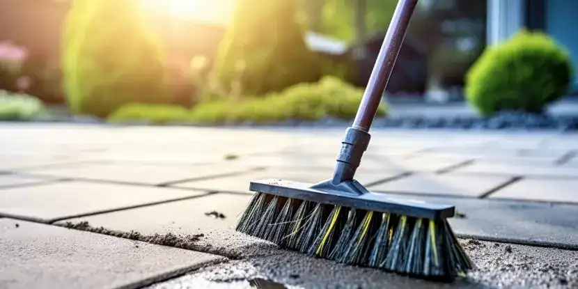 A push broom sweeps a walkway