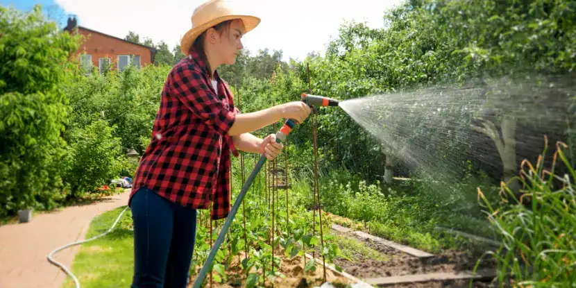 A woman waters her garden with a hose