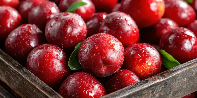 Freshly harvested red plums