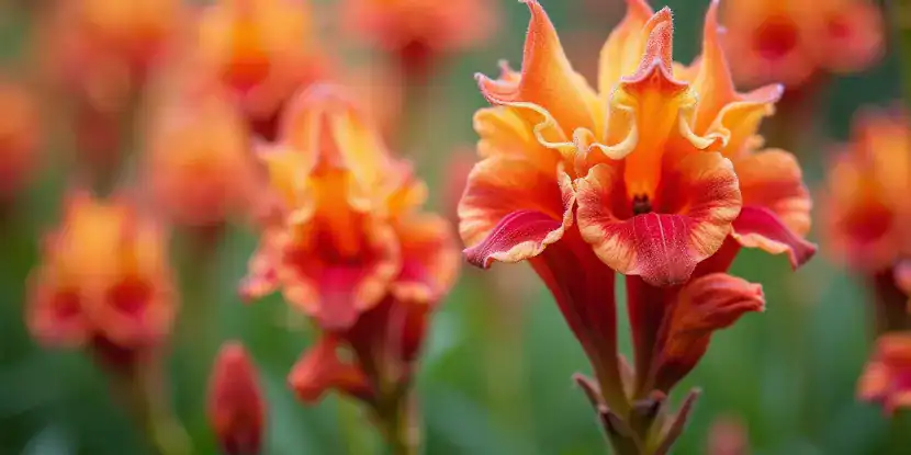 A striking red and orange snapdragon in the garden