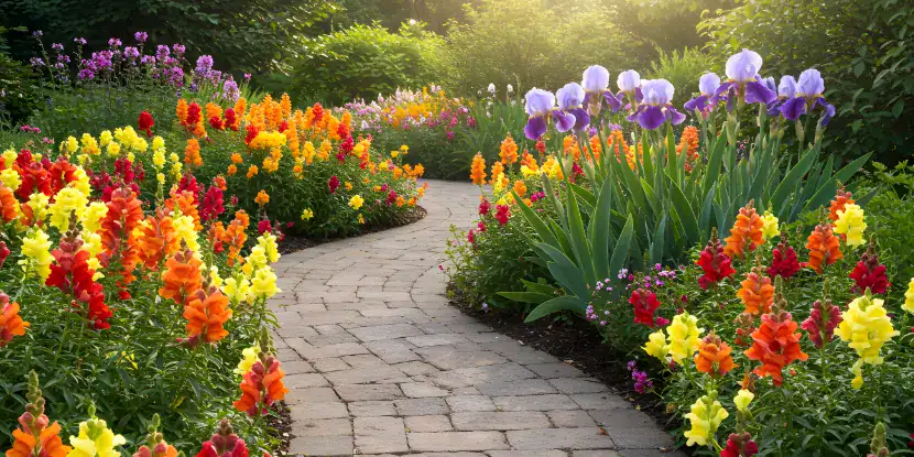 Snapdragons and irises line a garden path