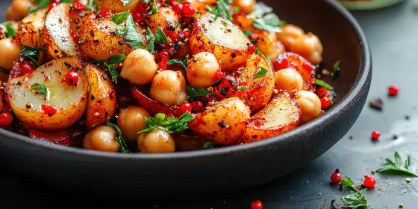A delicious potato, chickpea, and turnip green salad