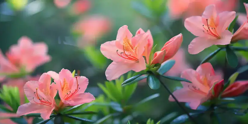 Close-up of delicate pink azalea blossoms