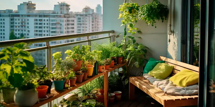 A balcony garden with a bit of everything