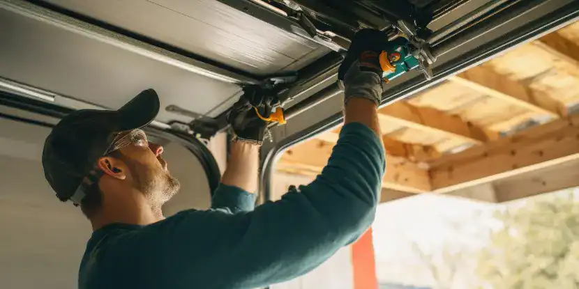 A man installs an automatic garage door