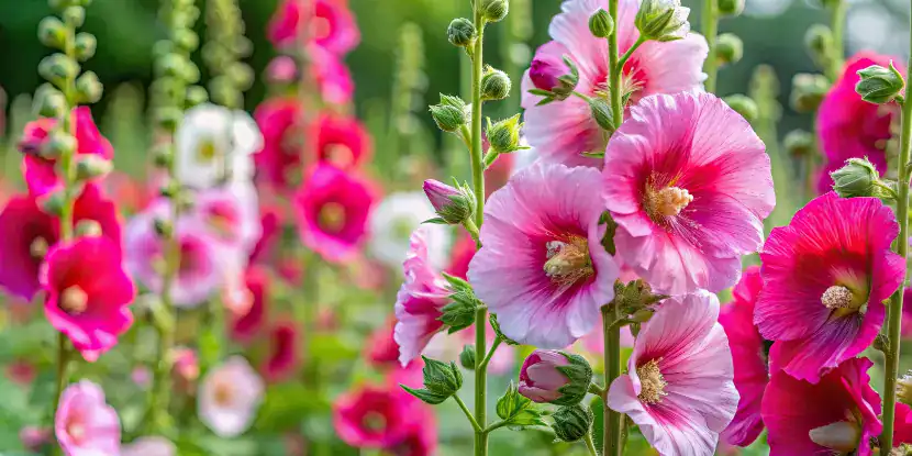 Flowering hollyhocks in a field