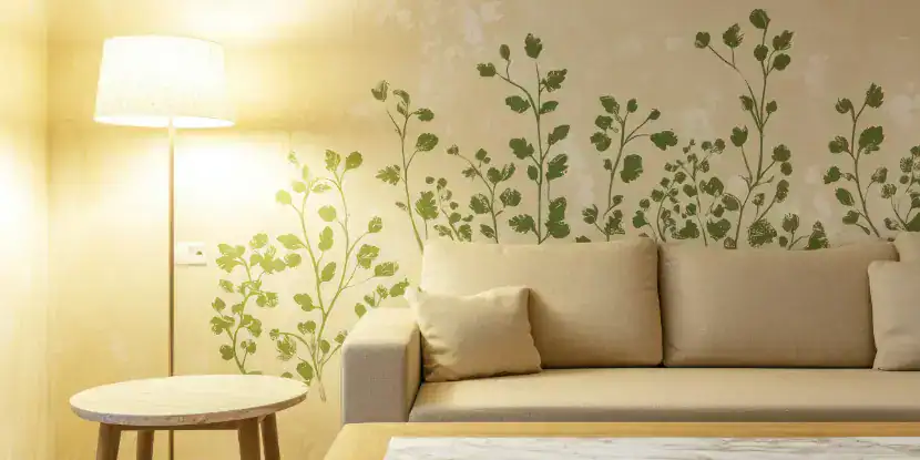 A living room with a stenciled botanical theme