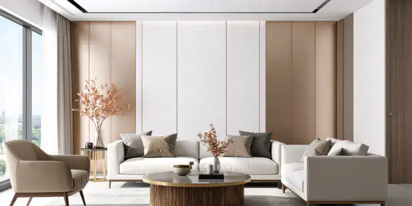 A modern living room with metallic accents