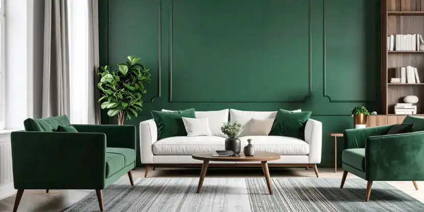 A modern living room with an emerald accent wall