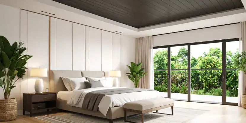 Bedroom with a dark ceiling
