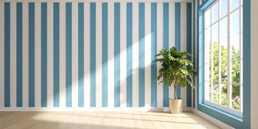 A room with vertical blue stripes