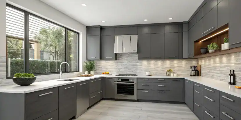 A tuxedo kitchen with dark gray cabinets